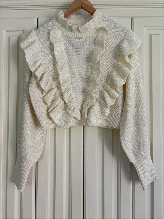 Mable Sweaters - Mable Cropped Cream Ruffle Knit Sweater Top Size Small NWT Bohemian Preppy